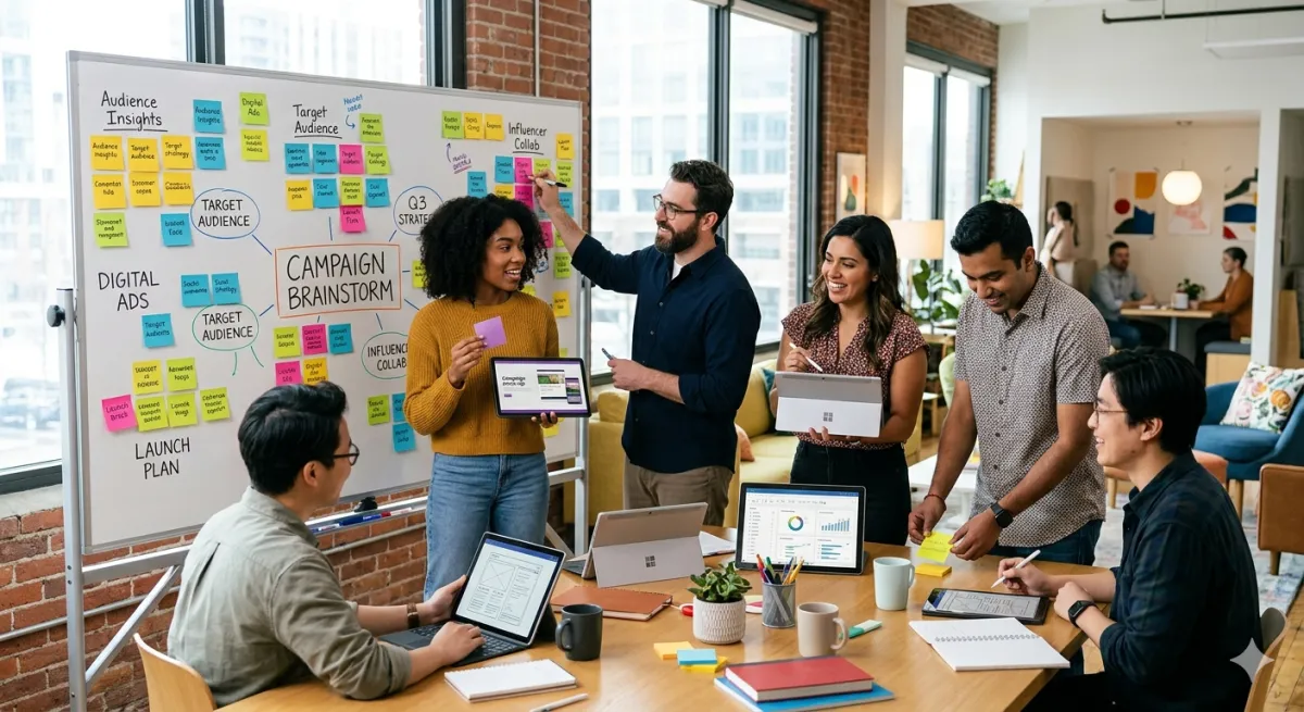 Marketing team brainstorming with AI