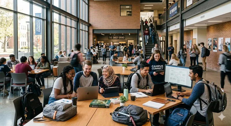 Diverse group of university students collaborating around laptops