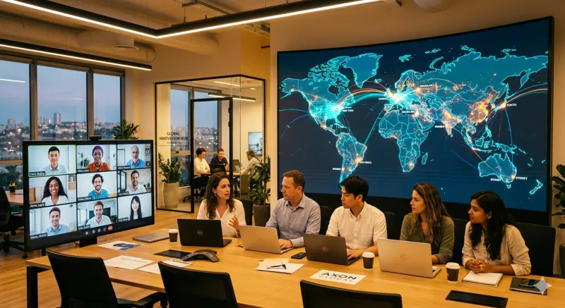 Modern office with a world map on screen and video call tiles showing international faces