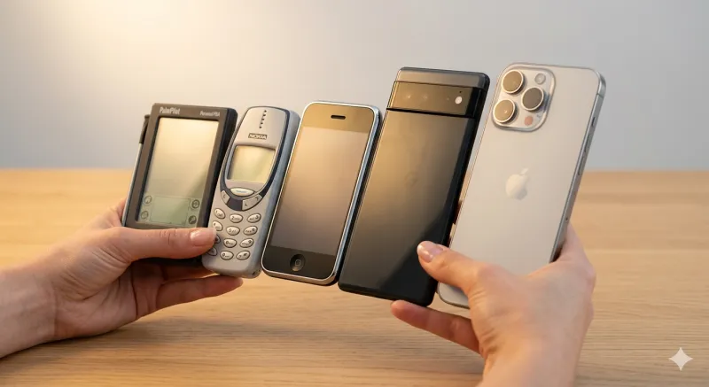 Various generations of mobile devices from early PDAs to modern smartphones