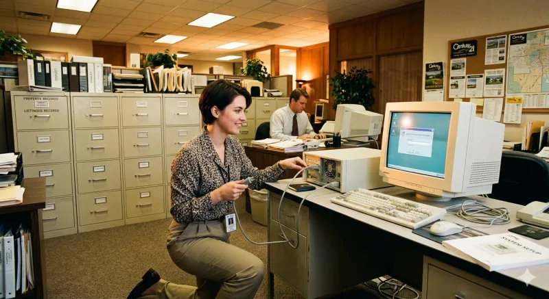 Professional setting up a desktop computer system in a real estate office