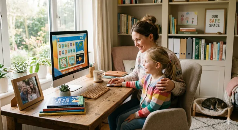 Family in a bright home office, parent and child at a computer